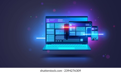 Web development and coding. Cross platform development website. Adaptive layout internet page or web interface on screen laptop, tablet and phone. Isometric concept illustration.