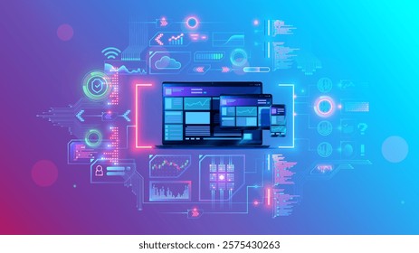 Web development and coding. Cross platform development website. Adaptive layout internet page or web interface on screen laptop, tablet and phone. Web design concept illustration. Software development