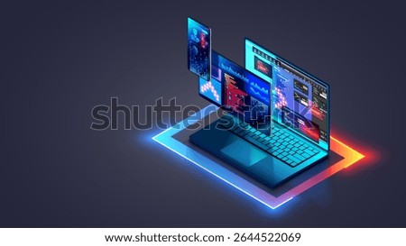 Web development and coding. Cross platform software development of website. Adaptive layout internet page or web interface on screen laptop, tablet and phone. Isometric computer technology concept.