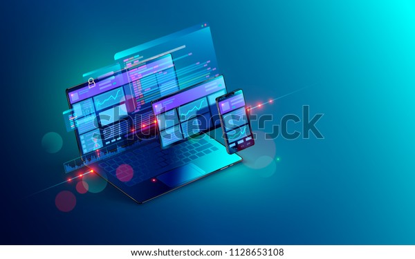 Web\
development and coding. Cross platform development website.\
Adaptive layout internet page or web interface on screen laptop,\
tablet and phone. Isometric concept\
illustration.