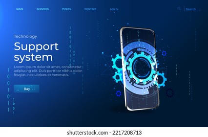 Web development and coding. Cross-platform development site. Application development banner, adaptive layout of the web interface of the application on the touch screen of the smartphone.