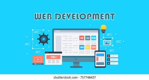 Web Development, Coding, Design, Technology, Conceptual Vector Banner With Icons And Elements