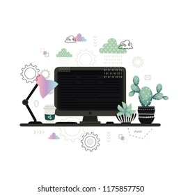 Web development. Coding. Desktop. Workplace with lamp, coffee, cacti and computer. Cute vector illustration.