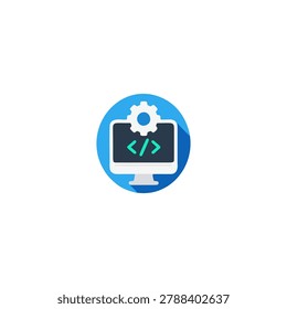 Web development and coding flat icon. Vector illustration of a computer monitor displaying code brackets tags with a gear wheel setting symbol on top, enclosed in a blue circle with long shadow. Concept of software engineering, website programming, tech optimization, system administration, and digital service configuration. Isolated on a white background.