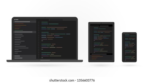 Web development and coding flat vector EPS icon. Cross platform development app. Adaptive layout programming interface on screen laptop, tablet and phone. Isolated on white background.