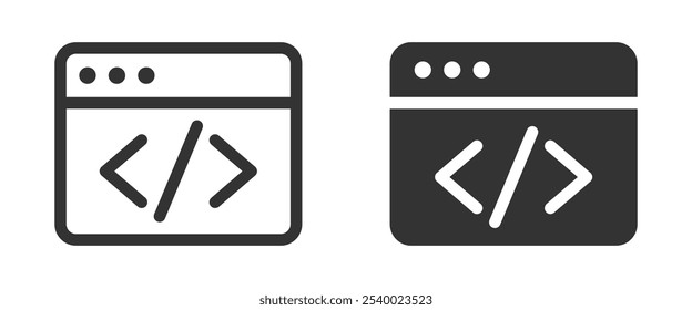 Ícones de desenvolvimento e codificação da Web em estilos escuros e claros, com janelas de navegador e marcas HTML. Ilustração vetorial.