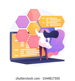 Web development and coding. IT, website optimization, computer software testing. Programmer and developer working female flat character. Vector isolated concept metaphor illustration