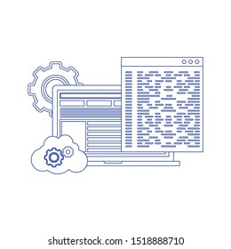 Web development and coding: laptop with virtual interactive screens. Concept of line icon