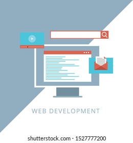 Web development and coding: laptop with virtual interactive screens. Concept of line icon