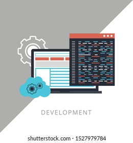Web development and coding: laptop with virtual interactive screens. Concept of flat icon