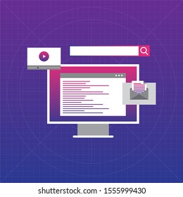 Web development and coding: laptop with virtual interactive screens.