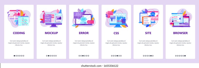 Web development and coding mobile phone app icons. 404 error, css and html code, computer technology. Onboarding screens. Vector template for website mobile development. Web site design illustration.