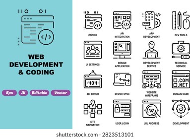 Web development and coding outline icon set featuring software programming code, API integration, mobile app development, dev tools ruler and mouse, user interface settings, design application window, software developer service, technical service gear, 404 error page, device synchronization, website wireframe layout, domain name .com, site navigation map, secure user login, URL address search, and advanced development gear symbols vector illustration for creative design projects, web development UI UX interfaces, mobile application design, corporate branding, digital workflow solutions, IT platforms, software resources, and marketing campaigns with minimalist outline vector style graphics, clean strokes, scalable geometry, editable paths, modern concepts, professional corporate use, UI UX elements, web design assets, infographics, mobile app icons, and comprehensive vector symbol sets for modern digital and print media applications worldwide.
