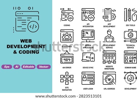 Web development and coding outline icon set featuring software programming code, API integration, mobile app development, dev tools ruler and mouse, user interface settings, design application window, software developer service, technical service gear, 404 error page, device synchronization, website wireframe layout, domain name .com, site navigation map, secure user login, URL address search, and advanced development gear symbols vector illustration for creative design projects, web development UI UX interfaces, mobile application design, corporate branding, digital workflow solutions, IT platforms, software resources, and marketing campaigns with minimalist outline vector style graphics, clean strokes, scalable geometry, editable paths, modern concepts, professional corporate use, UI UX elements, web design assets, infographics, mobile app icons, and comprehensive vector symbol sets for modern digital and print media applications worldwide.