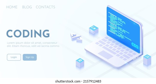 Web development, coding and programming futuristic banner. Computer code on laptop. Vector illustration