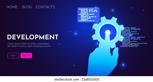 Web development, coding and programming futuristic banner. Hand touching computer code. Vector illustration