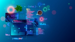 Web development, coding and programming responsive layout internet site or app of devices. Creation digital Software mobile, desktop platforms. Computer code on laptop, tablet, phone. Concept banner.