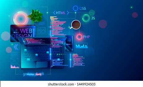 Web development, coding and programming responsive layout internet site or app of devices. Creation digital Software mobile, desktop platforms. Computer code on laptop, tablet, phone. Concept banner. - Shutterstock ID 1449924503