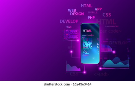 Web development, coding and programming responsive layout internet site or app of devices. Creation digital Software for mobile platforms. Computer code on phone. Concept banner.