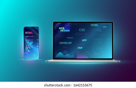 Web development, coding and programming responsive layout internet site or app of devices. Creation digital Software for mobile platforms. Computer code on phone. Concept banner.
