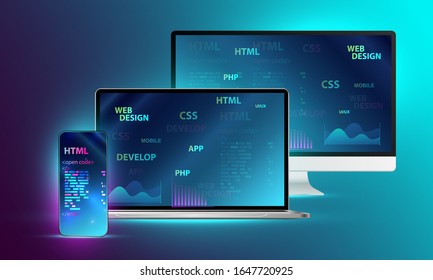Web development, coding and programming responsive layout internet site or app of devices. Creation digital Software for mobile platforms. Computer code on phone. Concept banner.