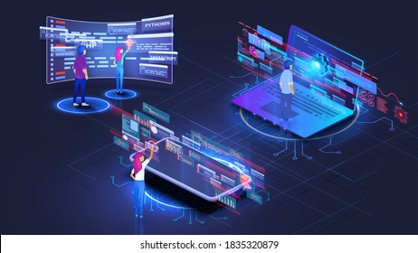 Web-Entwicklung, Programmierung und Programmierung reagieren. Gruppe von Programmierern, die an der Webentwicklung auf Computern arbeiten. 