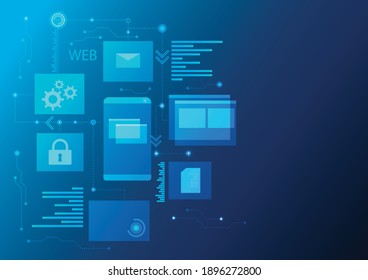 Web development, coding and programming responsive layout internet site or app of devices. Creation digital Software mobile, desktop platforms. Computer code on laptop, tablet, phone. Concept banner.
