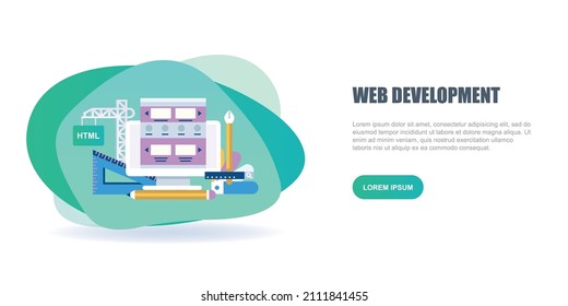 Web development, coding and programming responsive layout internet site or app of devices. Creation digital Software mobile, desktop platforms. Computer code on laptop, tablet, phone. Concept banner.

