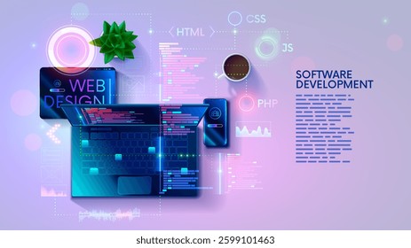 Web development, coding and programming responsive layout internet site or app of devices. Creation digital Software mobile, desktop platforms. Computer code on laptop, tablet, phone. Concept banner.