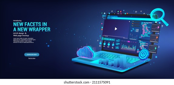 Web development and coding. Software, UI, UX, KIT, programming and design. Blue banner Web coding on laptop. 3D laptop with API program code. Concept online development Software. Vector banner