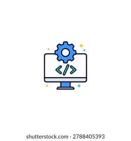 Web development, coding, and tech optimization icon. Vector illustration of a flat line computer monitor showing code tags brackets with a blue gear wheel setting symbol on top, decorated with small sparkles. Concept of software engineering, website programming, system administration, app configuration, and digital service setup. Isolated on white background.