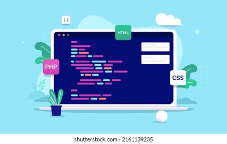 Web Development Coding - Vector Illustration Of Laptop Computer With Code On Screen And Design Elements Around