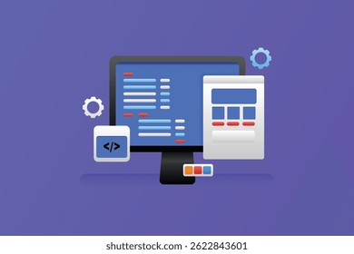 Desenvolvimento na Web e codificação da ilustração vetorial. Elementos de programação e design envolvidos na construção de site responsivo totalmente funcional.