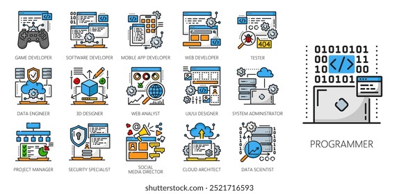 Web development color line icons. IT specialist, career and job vacancy vector symbols of programmer, tester, game, software and app developer, system administrator, data engineer and UI designer