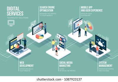 Web development, communication technology, social media and marketing services infographic with people, computers and touch screen devices