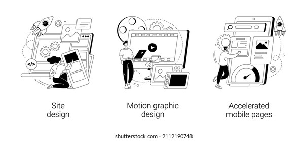 Web development company abstract concept vector illustration set. Website and motion graphic design, accelerated mobile pages, business landing page, web page responsive design abstract metaphor.