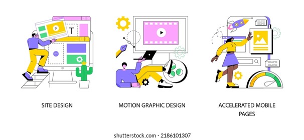 Web development company abstract concept vector illustration set. Website and motion graphic design, accelerated mobile pages, business landing page, web page responsive design abstract metaphor.