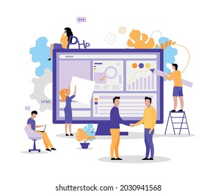 Web development company flat concept vector illustration. Software engineering 2D cartoon characters for web design. Testing user interface. Building website. Teamwork. Production team creative idea