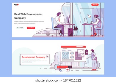 Web development company landing pages set. Full stack software engineering corporate website. Flat line vector illustration with people characters. Web concept use as header, footer or middle content.