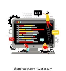 Web development, computer programming, coding, engineering. Software. Programming languages: HTML, JAVA, PHP, C++. Concept for web design with  desktop computer and people.