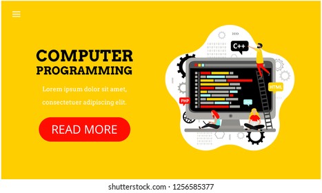 Web development, computer programming, coding, engineering. Software. Programming languages: HTML, JAVA, PHP, C++. Concept for web design with  desktop computer and people. Landing page template. 