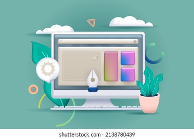 Web development concept 3D illustration. Icon composition with website layout development, content creation and placement, settings and optimization on screen. Vector illustration for modern design