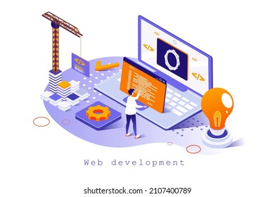 Web development concept in 3d isometric design. Designer works with code, interface engineering, programming, settings and optimizes pages, template with people scene. Vector illustration for webpage