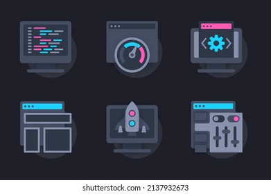 Concepto de desarrollo web de iconos de papel 3d. Empaquetar pictogramas planos de optimización y personalización de páginas, programación, codificación y pruebas, creación de diseño. Elementos vectores para sitios web de estilo oscuro