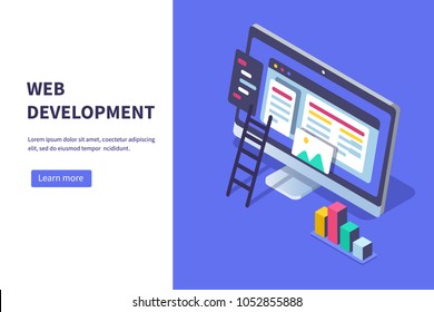 Web development concept banner. Can use for web banner, infographics, hero images. Flat isometric vector illustration isolated on white background. Web development concept banner. Can use for web banner, infographics, hero images. Flat isometric vector illustration isolated on white background.