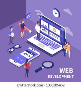 
Web Development Concept.  Business Team Working Together. Flat  Isometric Vector Illustration.