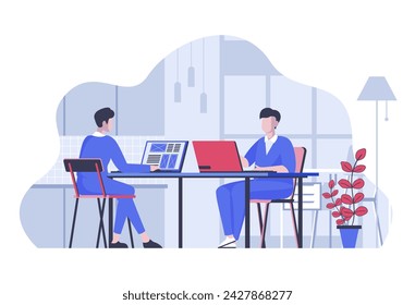 Web development concept with cartoon people in flat design for web. Programmer team creating interface layout and homepages in office. Vector illustration for social media banner, marketing material.