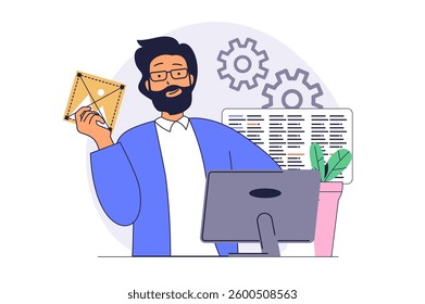 Web development concept with cartoon people in flat design. Man programming applications and coding page interfaces, creating webpage layouts, working with products at computer. Vector illustration.