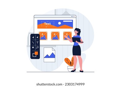Web development concept with character scene. Woman creating graphic elements and placing content at layouts. People situation in flat design. Vector illustration for social media marketing material.