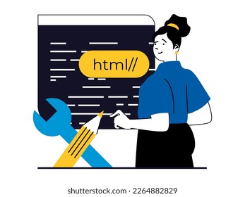 Web development concept with character situation. Woman creates layout interface and doing html code, building sites and making project. Vector illustration with people scene in flat design for web